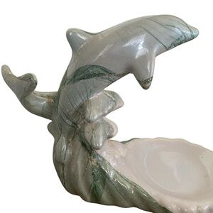 Royal Haeger RARE Dolphin fish bowl stand iridescent greens w pattern NO bowl
